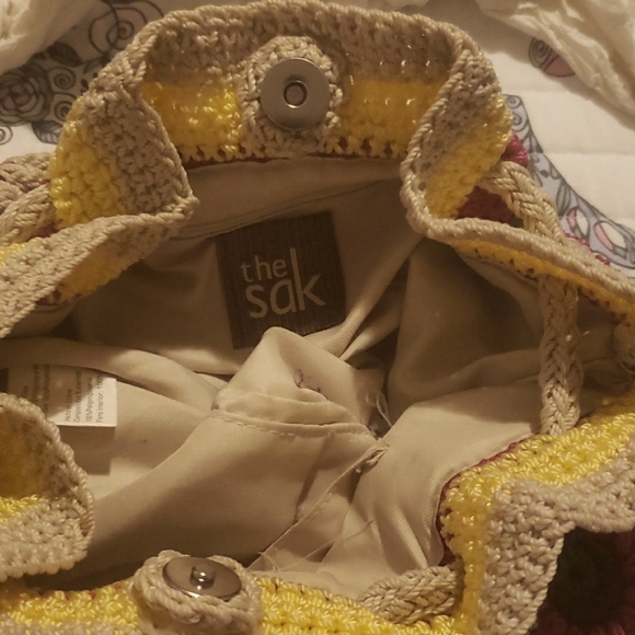 The Sak...  crocheted  bag multicolored  drawstring and snap button closure. - Picture 3 of 3